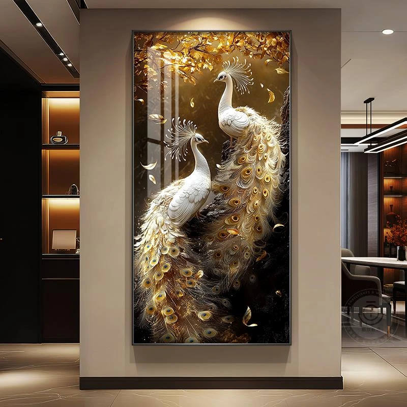孔雀挂轻奢高级感玄关装饰大气入户正对门高档走廊过道挂画装饰画