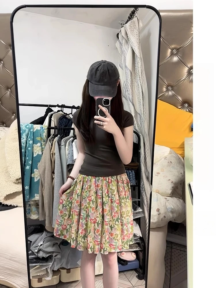 韩系复古设计甜系花卉花朵半身裙女夏季新款压褶短裙松紧腰