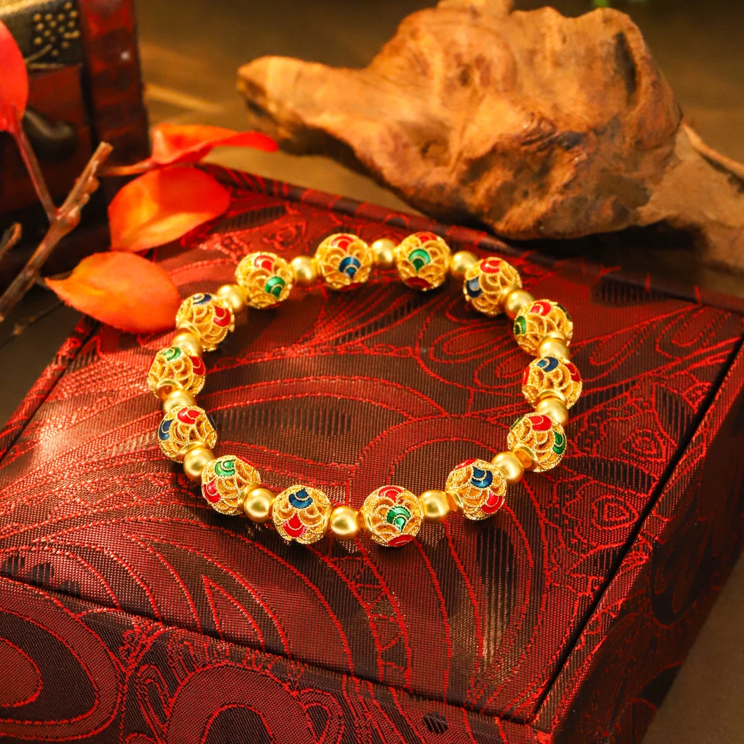 恒宝福【商城推荐】 足金999珐琅彩国潮宫廷风花丝转运珠手链