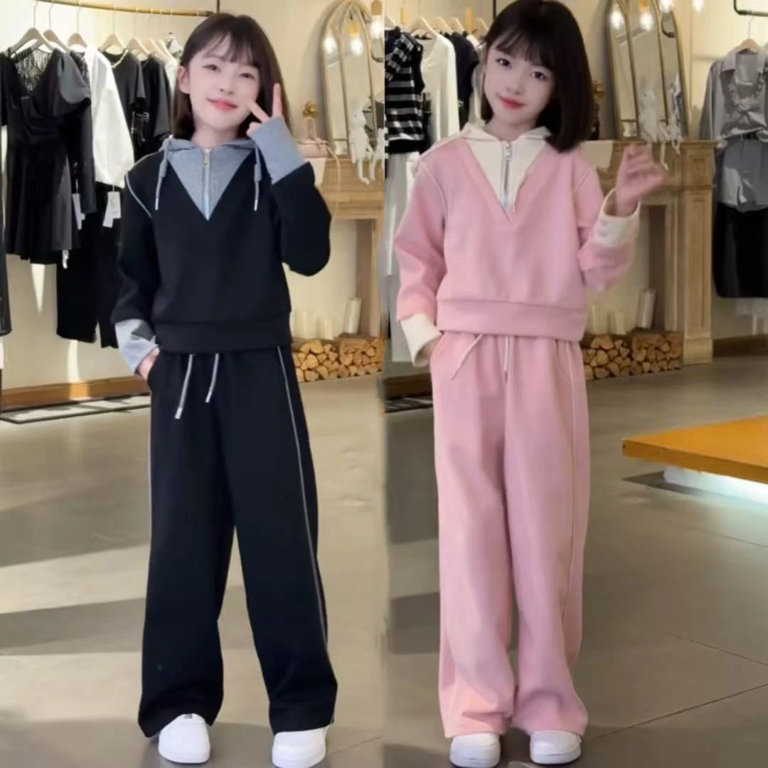 女童套装秋季2025新款儿童休闲两件套大童格子裤阔腿裤女孩潮