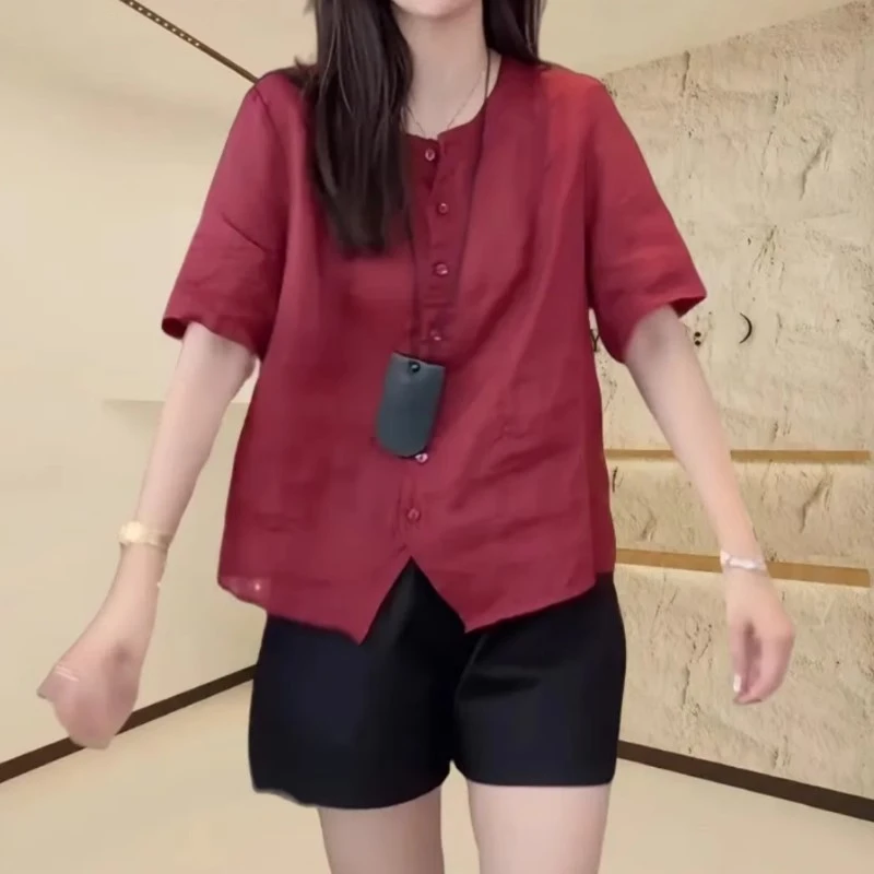 欧货高级感短袖衬衫女夏季薄款胖MM大码女装显瘦遮肉宽松圆领上衣