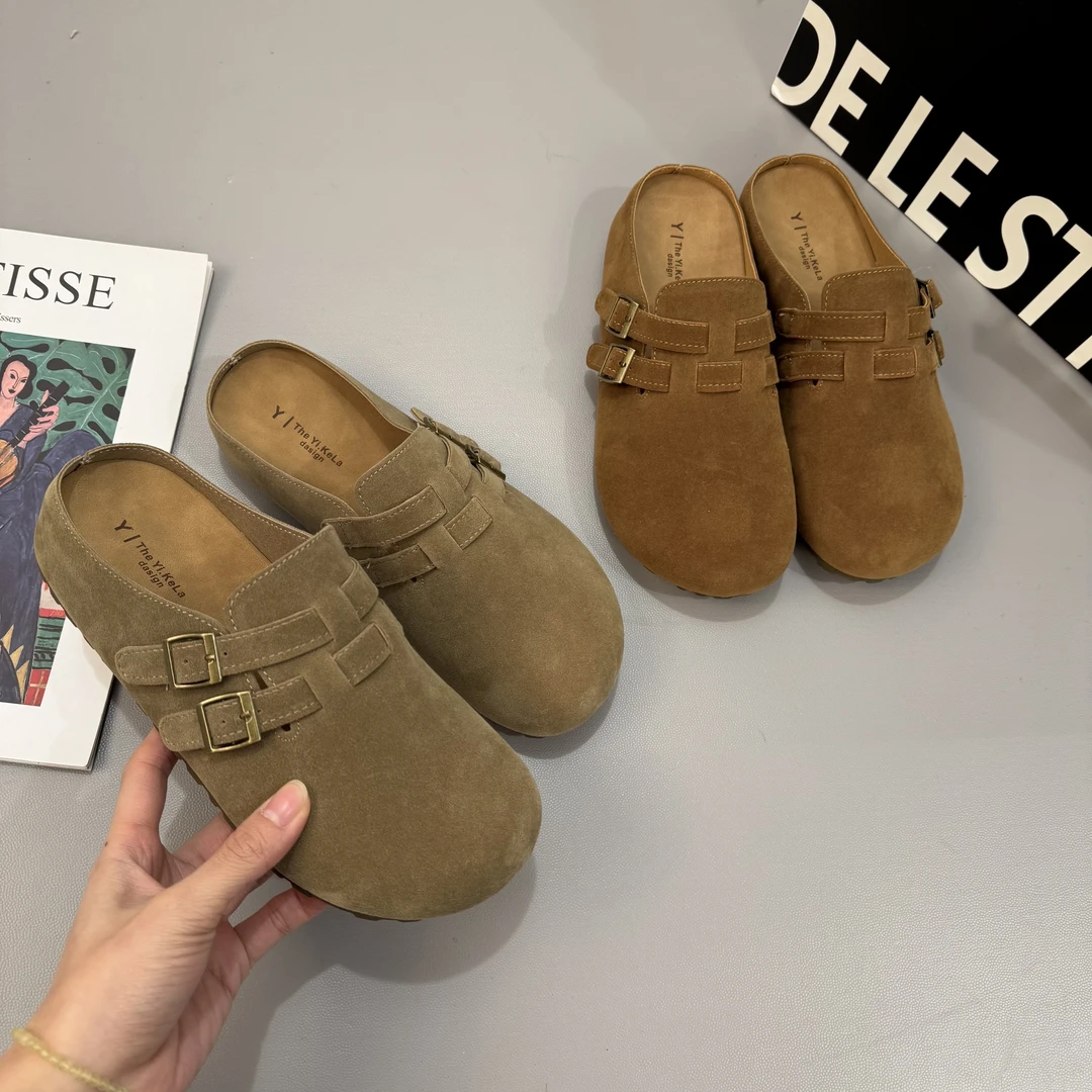 时尚爆款2025早春新款软底磨砂软皮勃肯鞋休闲时尚百搭半包拖鞋女