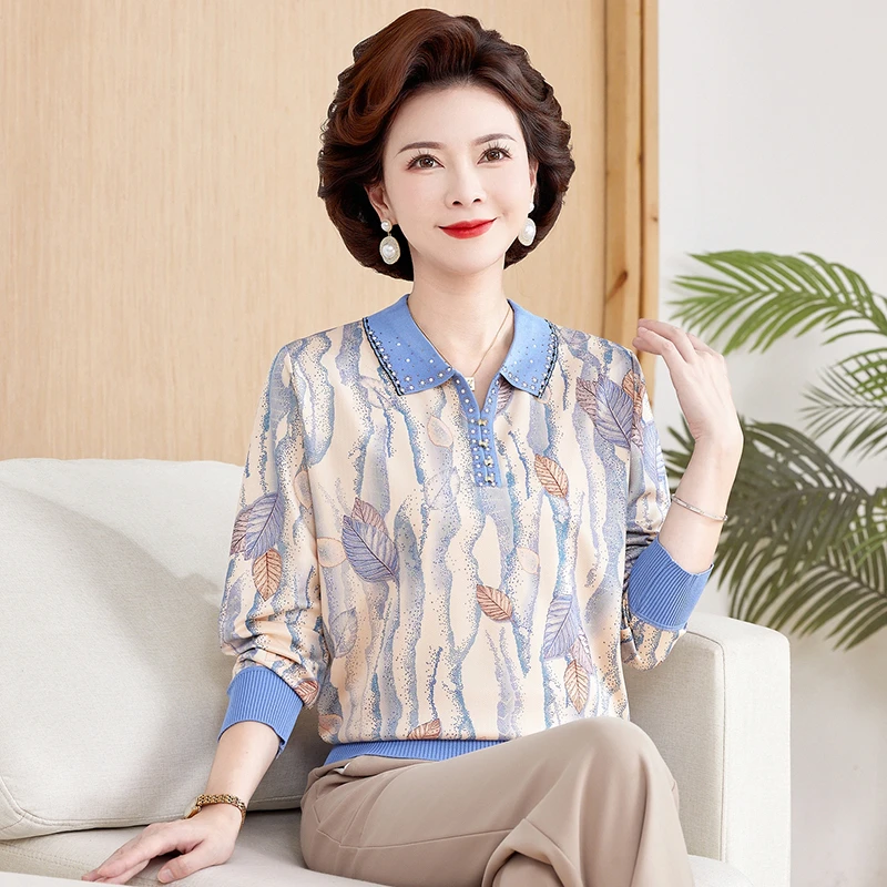 中老年妈妈宽松型时尚翻领小衫常规中年中老年女装洋气宽松打底衫