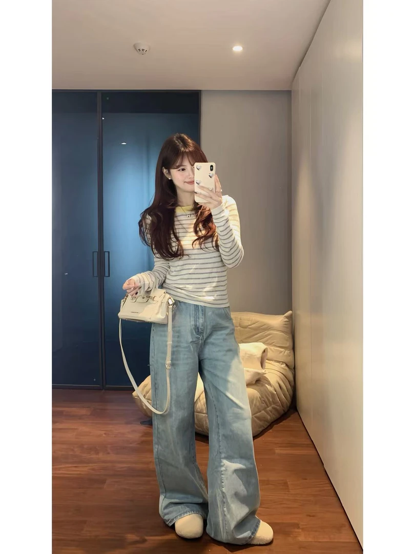 【肉肉】韩系圆领拼色条纹T恤女长袖毛针织衫秋冬打底衫显瘦上衣ins