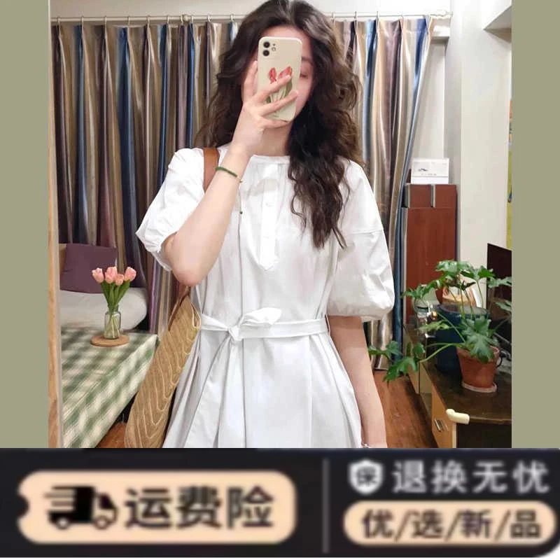 法式气质OL衬衫连衣裙女夏季新款小白裙灯笼袖温柔收腰显瘦长裙子