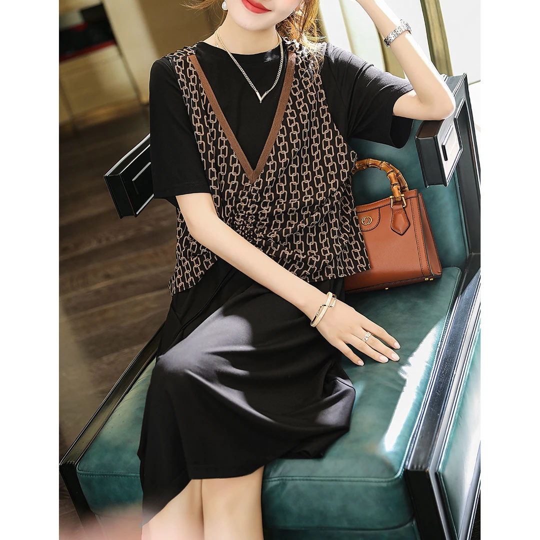 衣品乐欧洲站大码新款T恤裙+印花马甲套装A6768