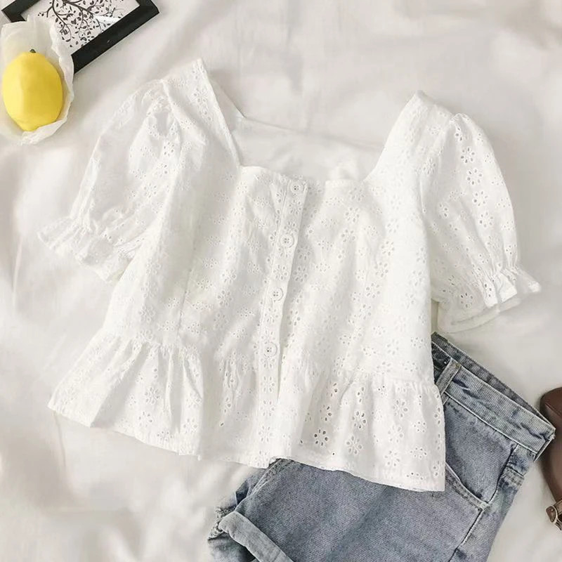 纯棉白色短袖衬衫短款方领飞飞袖百搭小众设计感显瘦法式洋气上衣