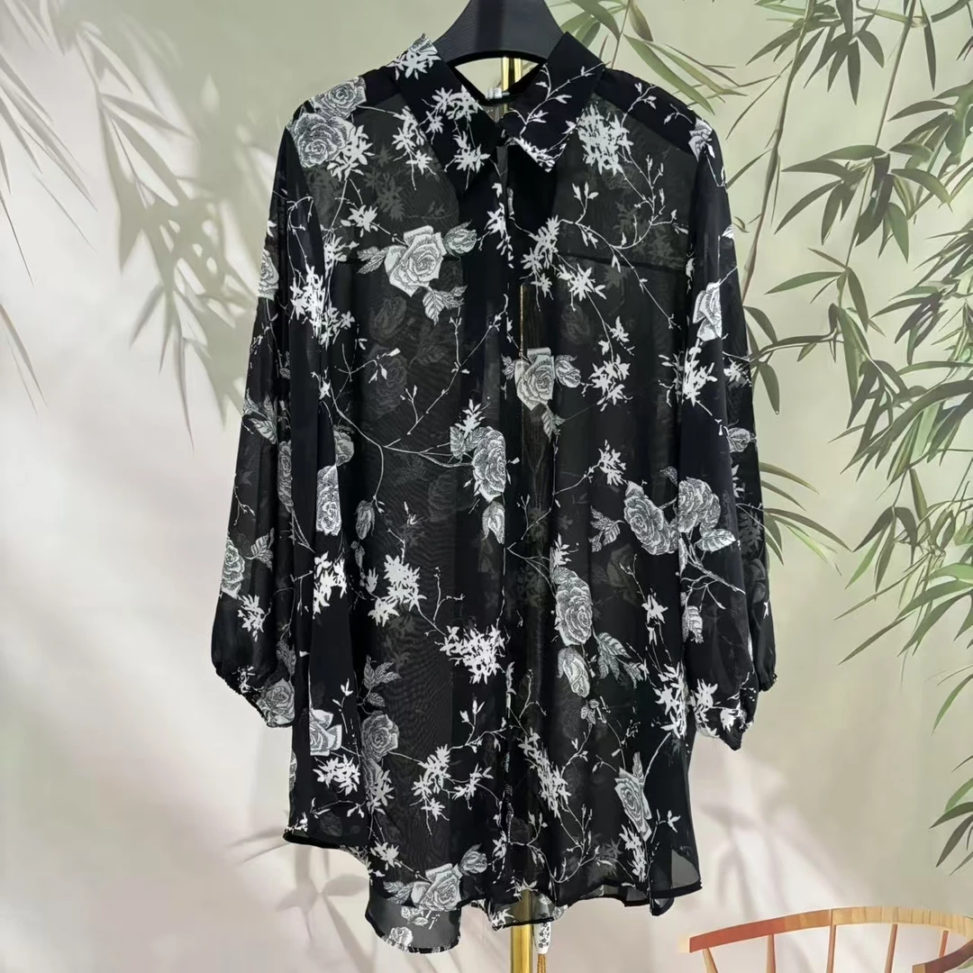 959-宽松灯笼袖黑色衬衣高级感女碎花衬衫新款女气质国风上衣