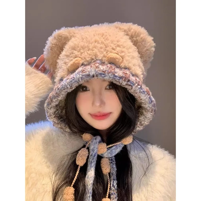 可爱小熊耳朵毛绒帽子女秋冬季日系百搭保暖防寒护耳显脸小雷锋帽