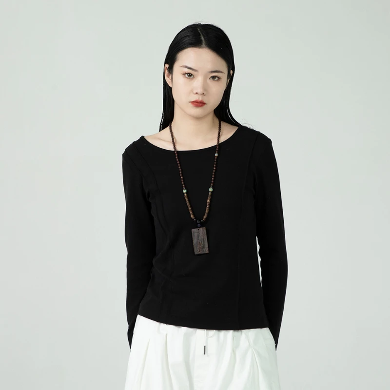 女装瑕疵品203231004经典通勤圆领纯色拼接长袖打底衫秋款女