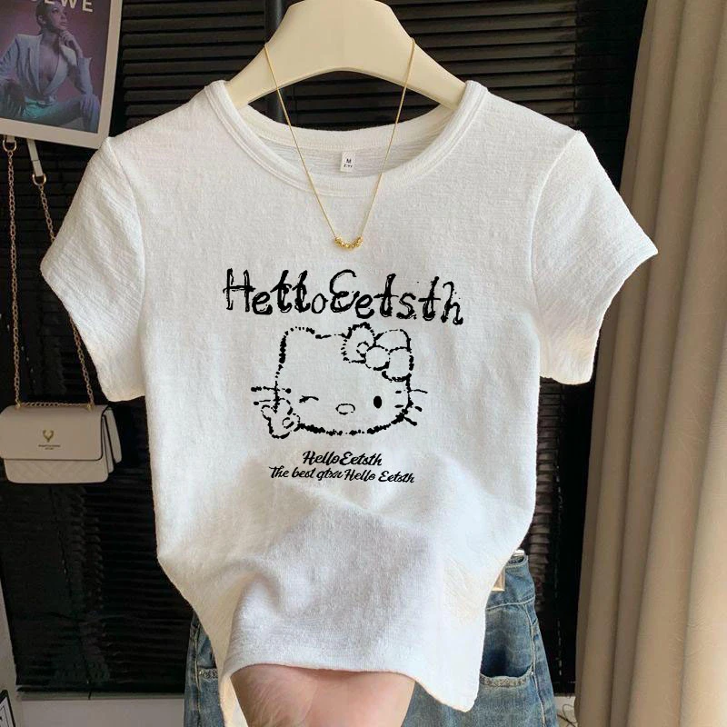 2025夏季圆领新款竹节棉印花白色大码t恤衫女小个子短款半袖上衣