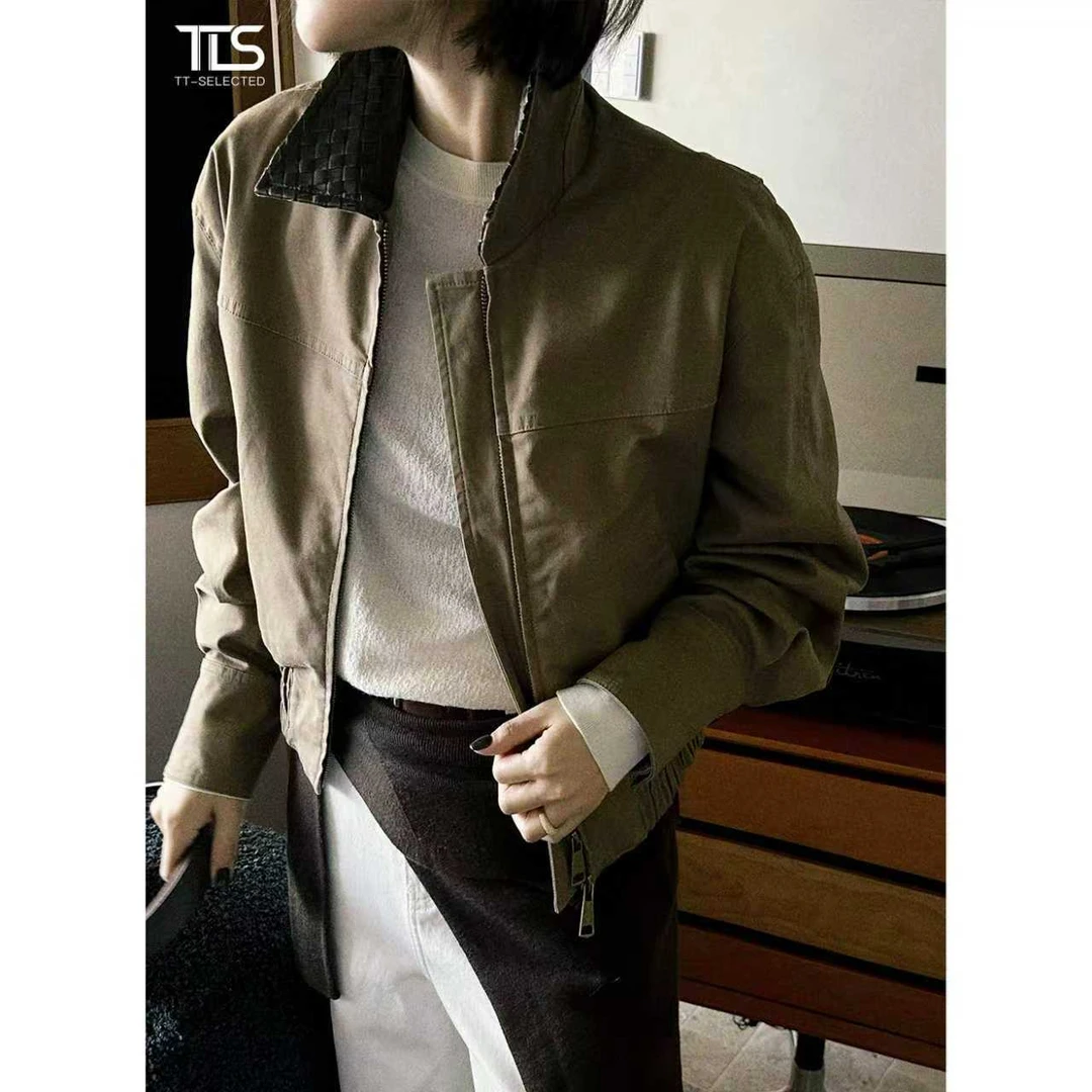 TT【BV外套】机车风菱格编织小羊皮领收腰夹克外套WT5022