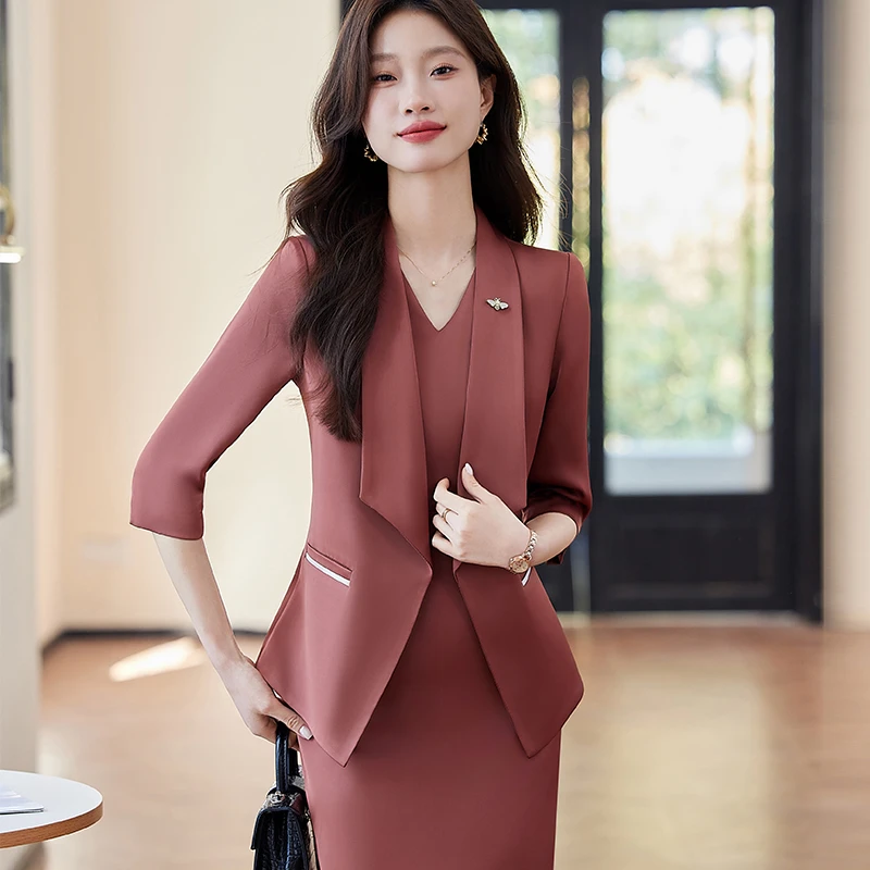 小个子西装套装女2025新款夏季薄款职业中袖西服外套搭背心连衣裙