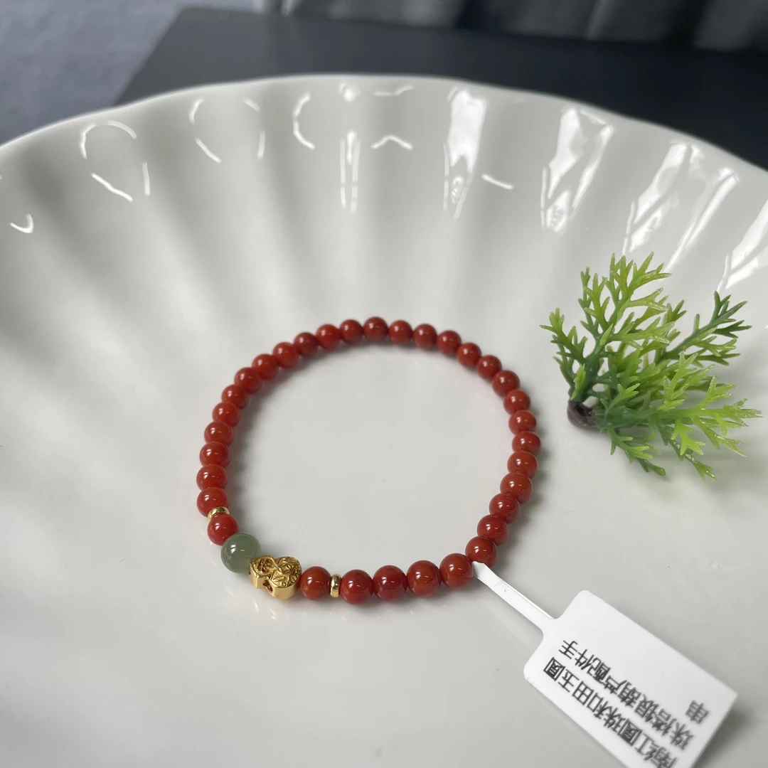 南红圆珠约5mm+和田玉圆珠约6mm搭银葫芦配件手串