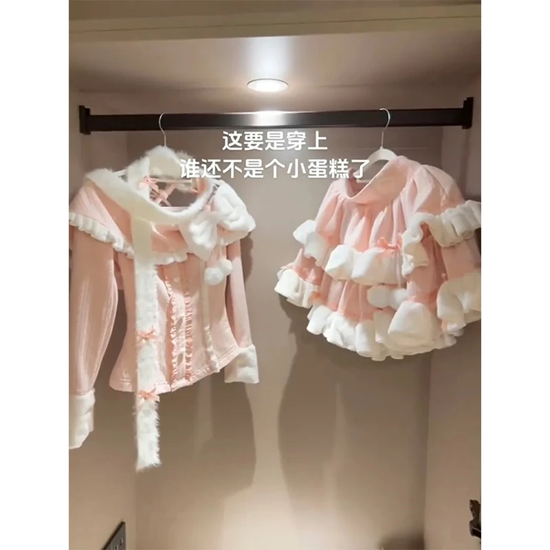 过年内搭裙子一整套女冬季蝴蝶结多巴胺洛丽塔风显瘦上衣半裙套装