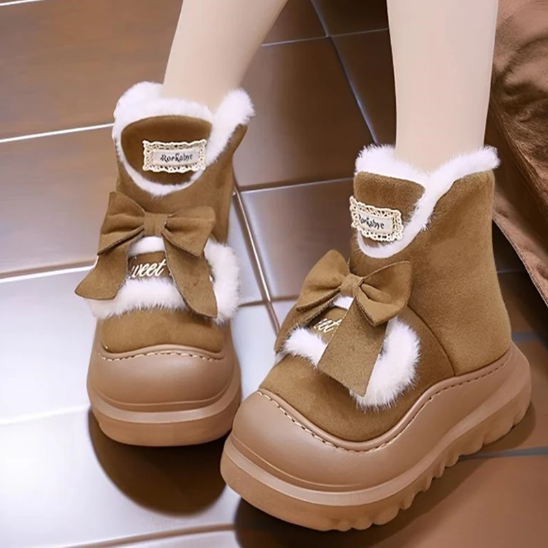 冬季厚底高帮棉鞋女包跟时尚蝴蝶结保暖居家室内外可穿防滑雪地靴