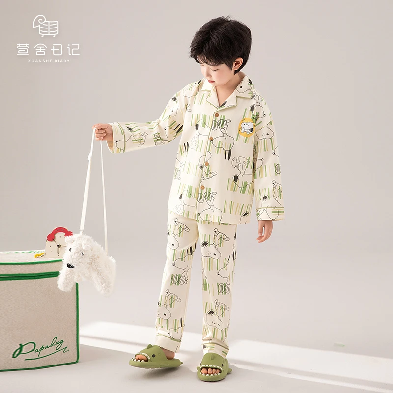 儿童春秋季纯棉睡衣男孩长袖舒适开衫卡通套装男童透气家居服782