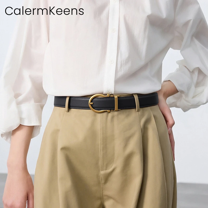 Calermkeens官方正品女士皮带真牛皮百搭牛仔无孔自动扣时尚皮带