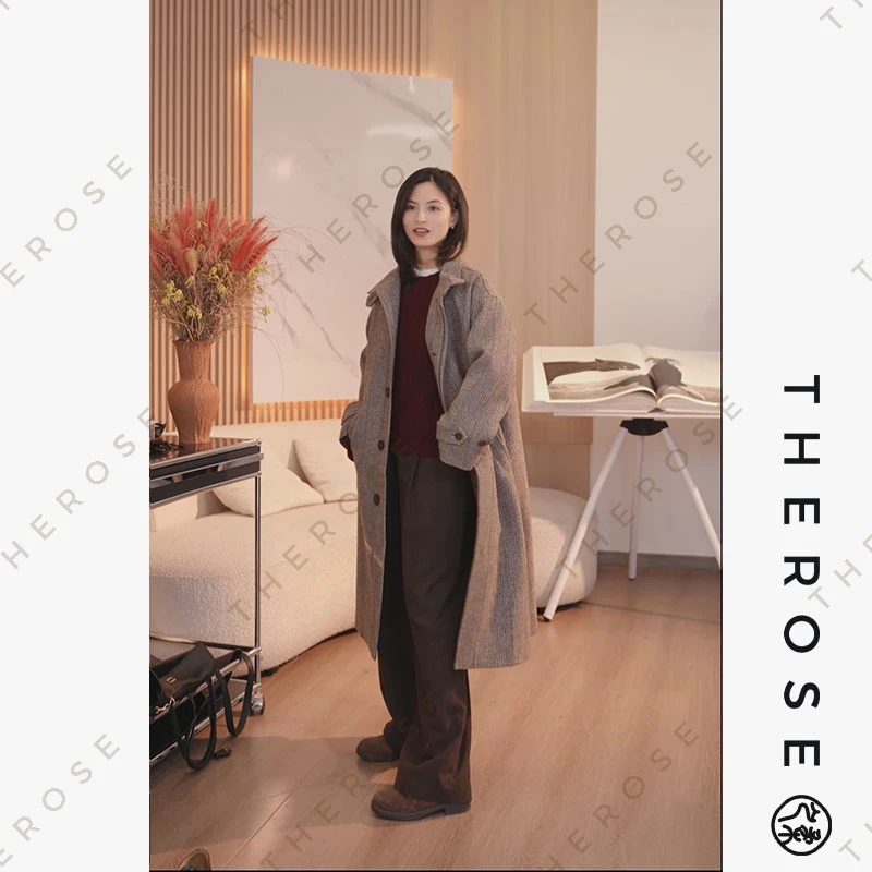 之柔【漫步多哈】欧洲进口机织格纹复古大衣秋冬高领花呢高领长外套