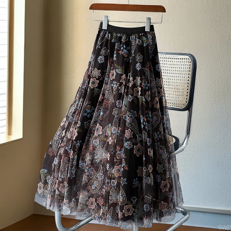 印花网纱a字裙碎花半身裙女2025夏季新款高腰显瘦大摆百褶裙长裙