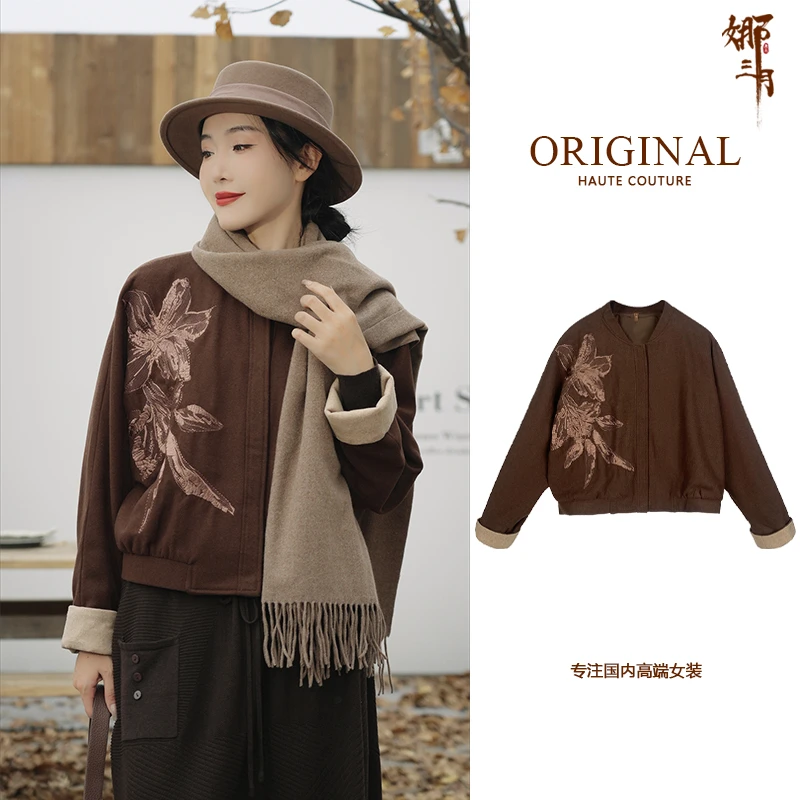 娜三月高端刺绣保暖羊毛外套 妈妈复古气质女装秋冬季SS91001-1