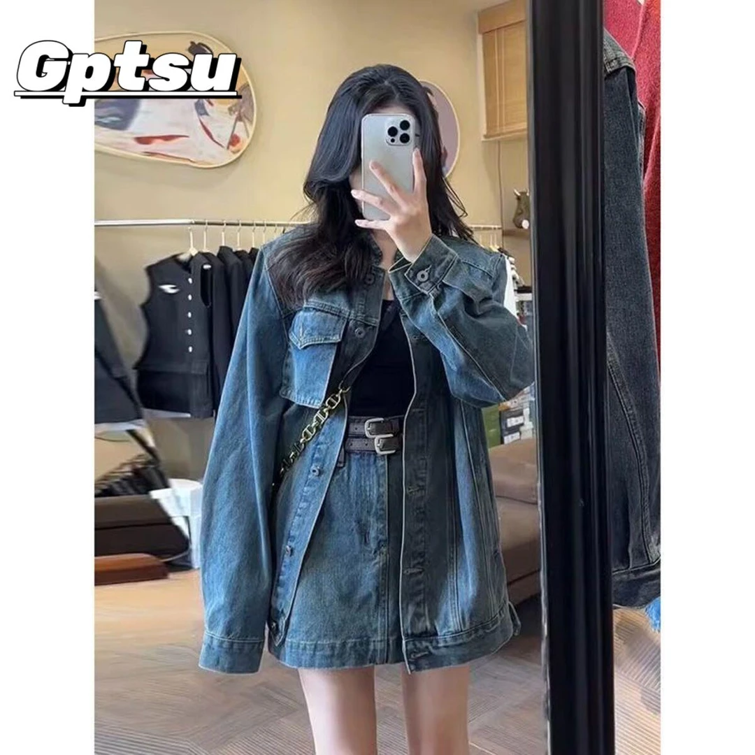 GPTSu高级感牛仔套装裙女港风复古俏皮牛仔外套高腰半身裙两件套