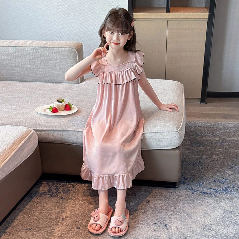 冰丝女童睡裙薄款夏季儿童家居服中大童睡衣吊带裙子Q496