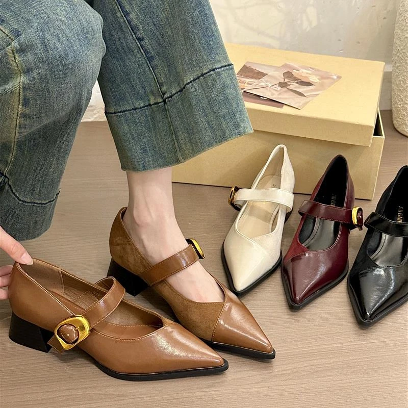 张小姐复古佳人!时髦尖头金属扣玛丽珍鞋女春2025韩版粗跟单鞋