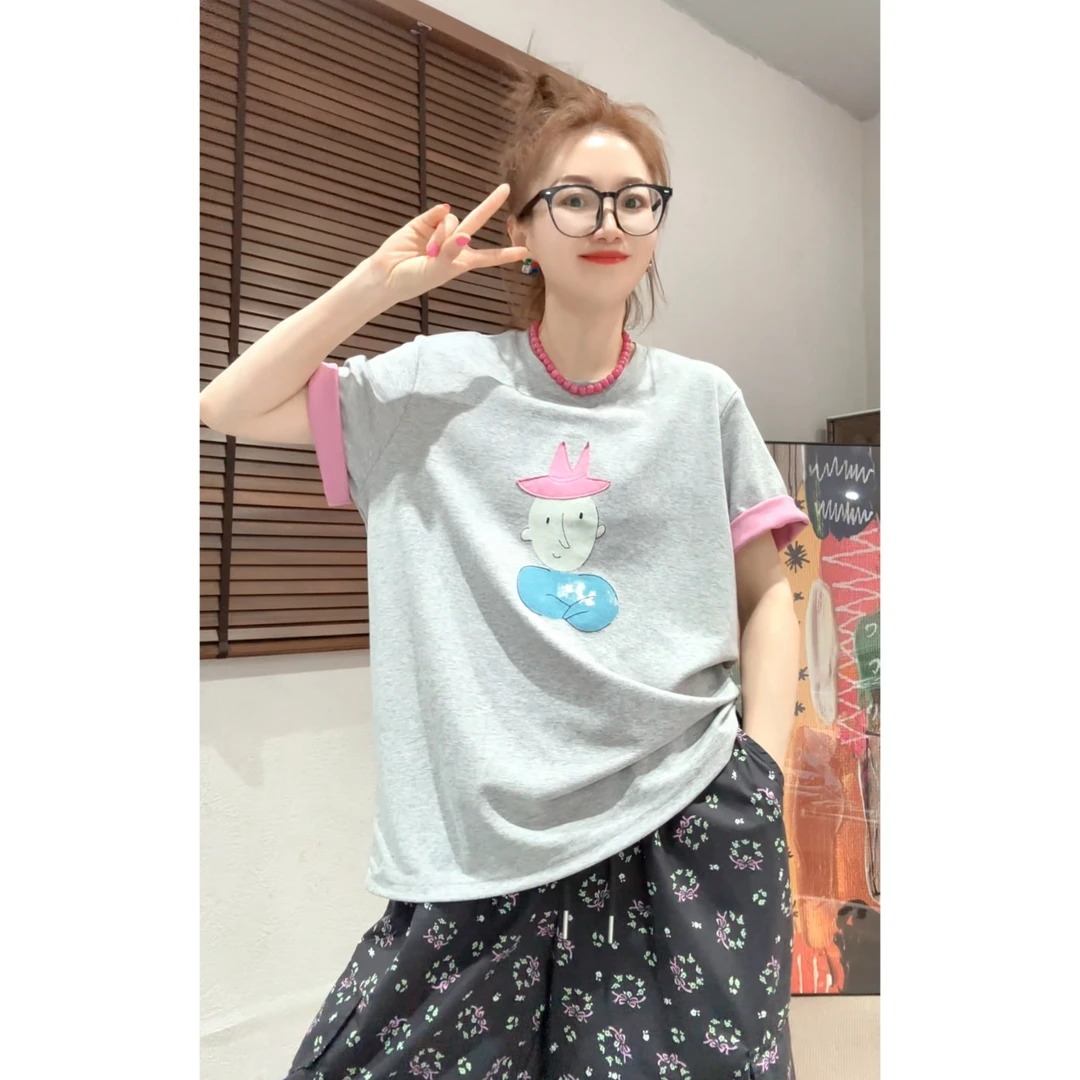 【Z.D.C】抽象人物双色棉短袖T恤/百搭减龄宽松