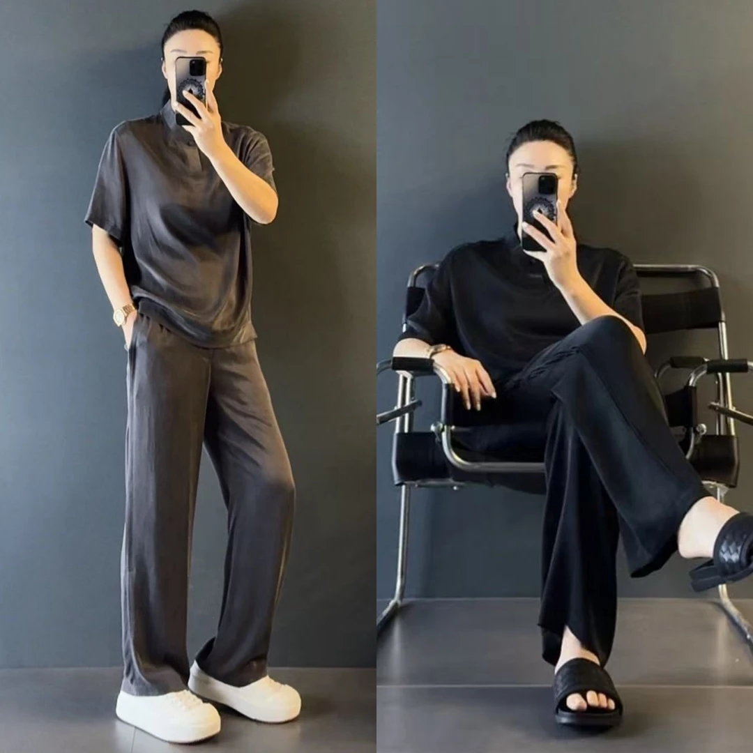 男士铜氨丝简约慵懒风套装11203+1172夏季轻奢铜氨丝休闲套装/严