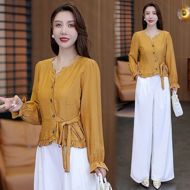 2025年秋季V领显瘦长袖时尚单排多扣宽松衬衫气质洋气休闲减龄女