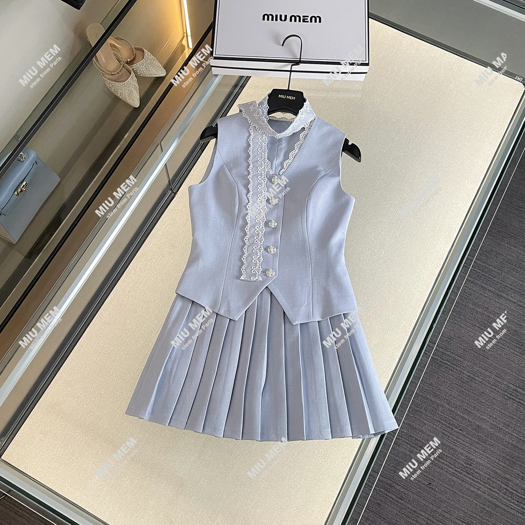 MIUMEM法式甜美温柔蕾丝拼接上衣百褶半裙套装DY6829
