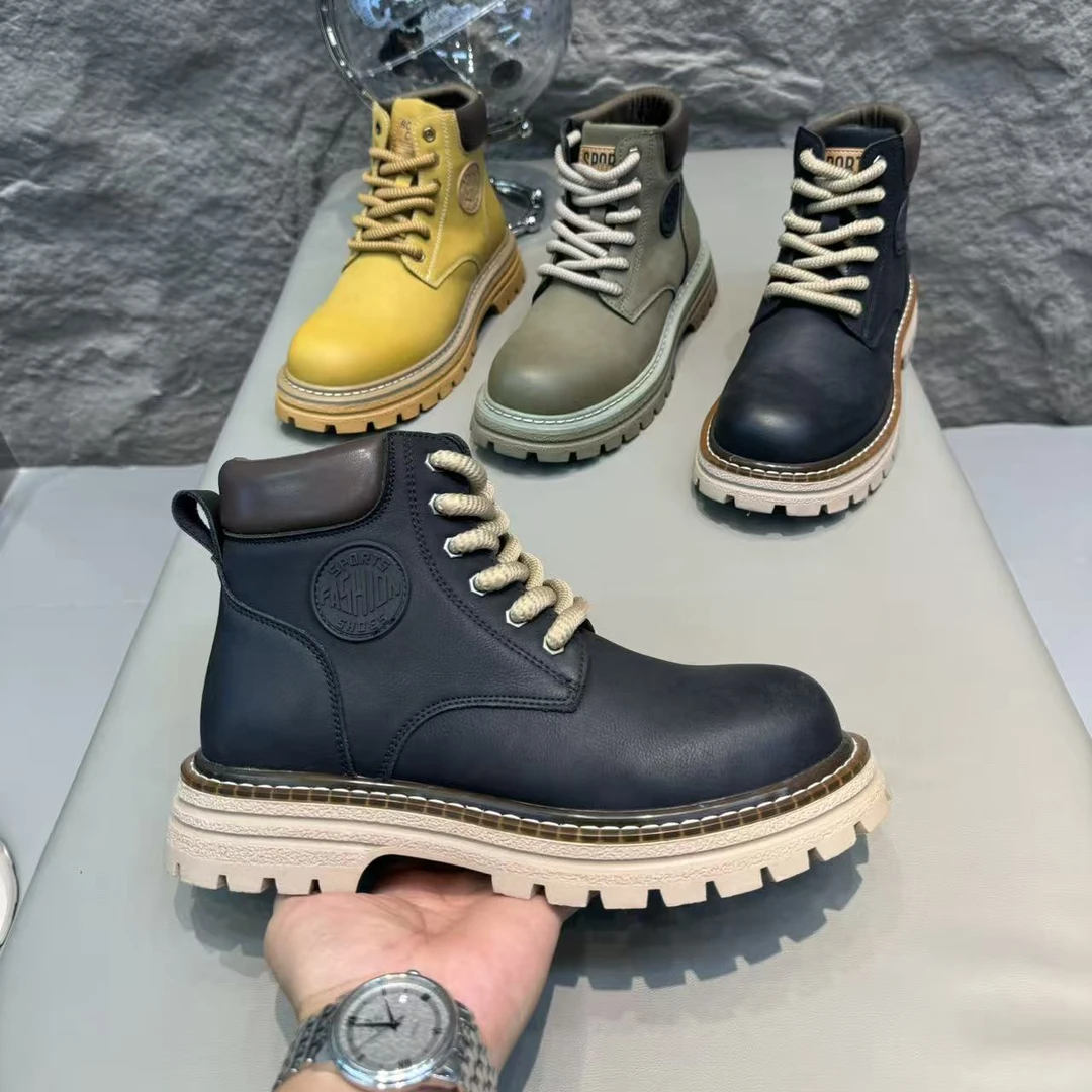 靴子男款马丁靴单棉同款工装靴男士加绒休闲系带复古男鞋
