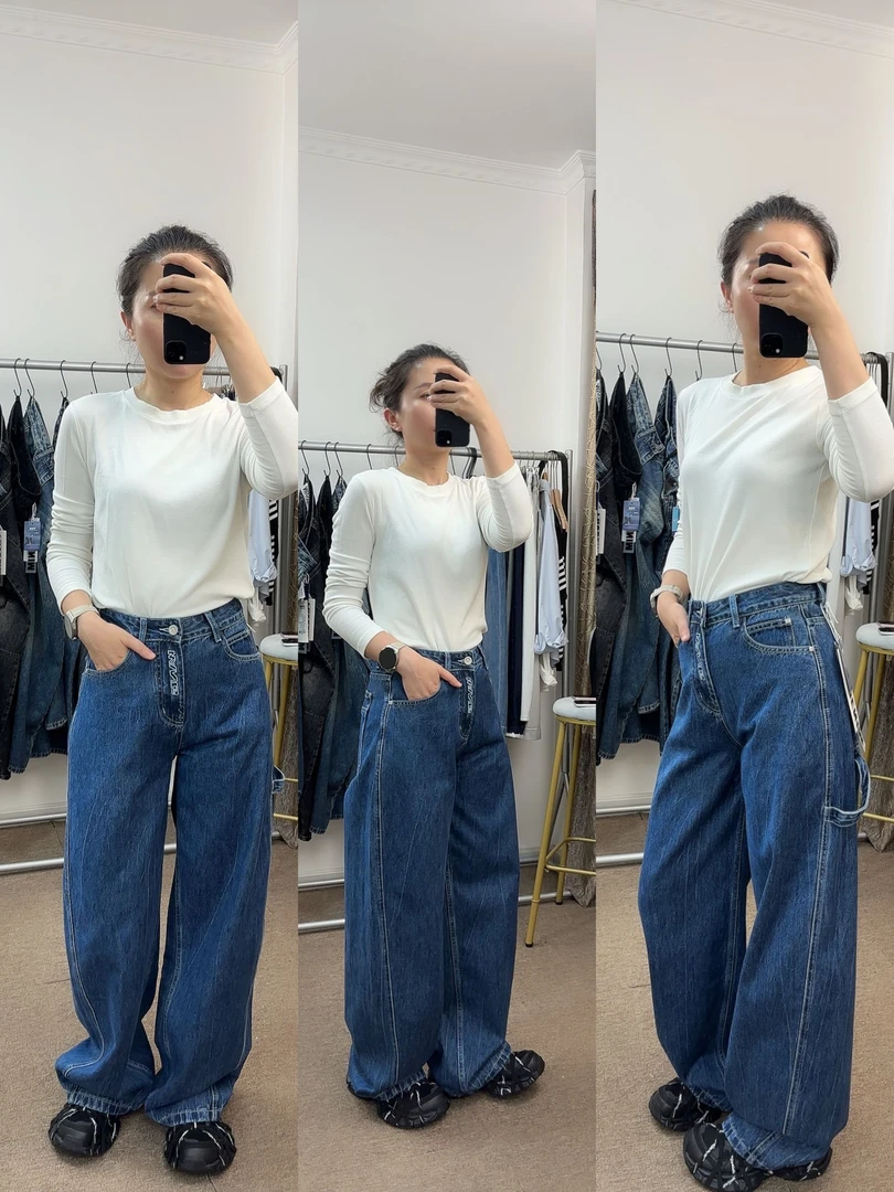 【狗蛋妈】秋季工装风阔腿弯刀裤厚款中高腰长款显瘦个性牛仔裤3565