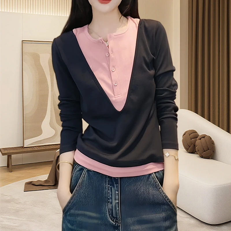 早秋慵懒风T恤撞色轻熟风长袖针织衫时尚高级感休闲显瘦打底上衣