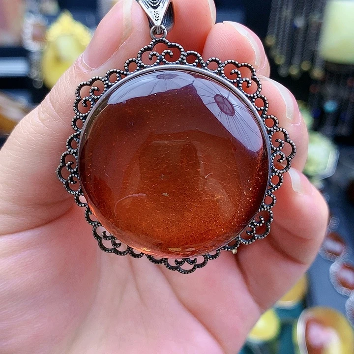 琥珀裸石银S925镶嵌坠