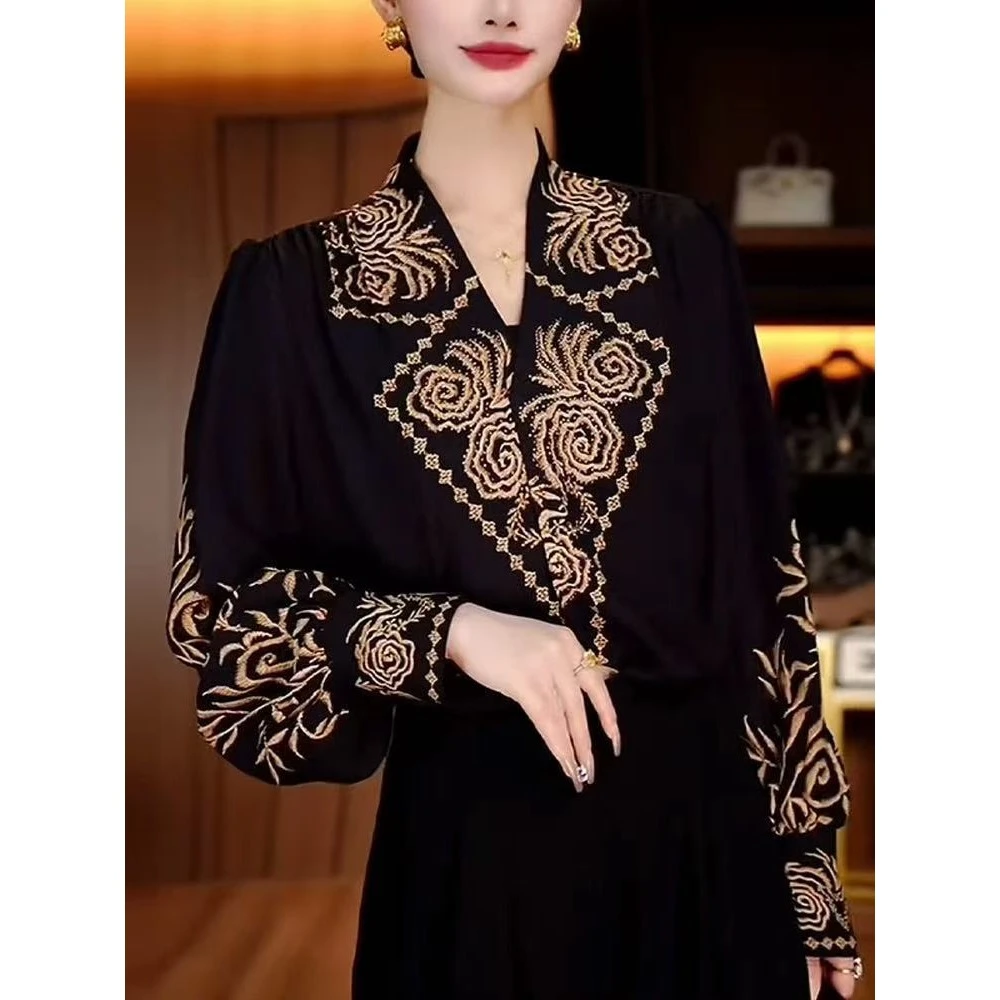 正版时尚洋气复古印花宽松立领衬衫女士2025早春新款显瘦长袖气质