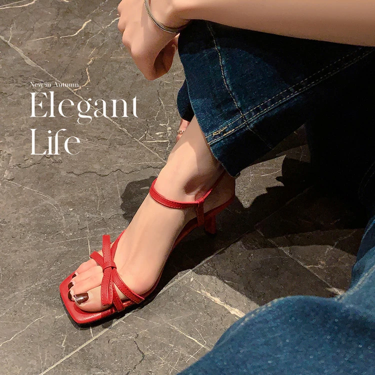 2025新款夏季法式真皮细跟蝴蝶结露趾凉鞋女气质方头一字带高跟鞋