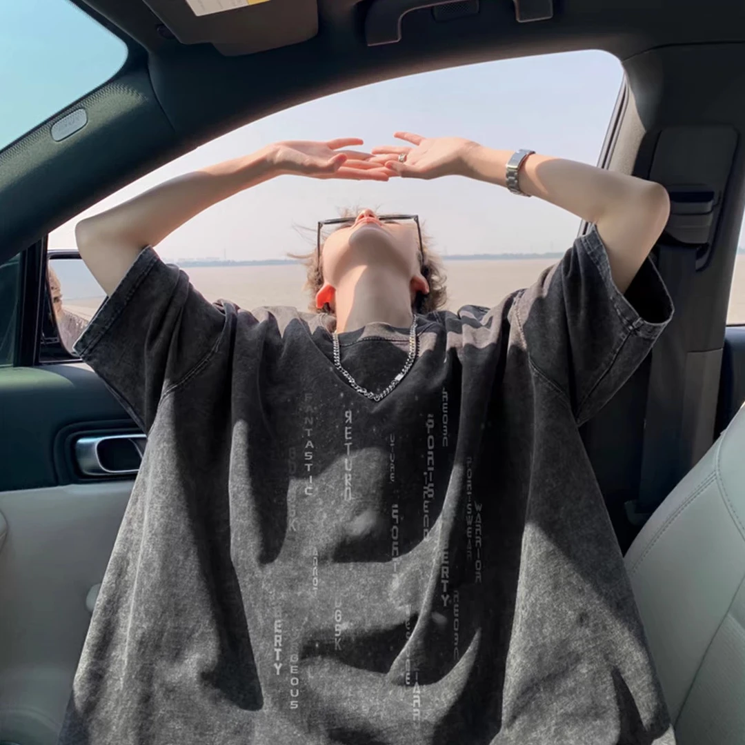 夏季水洗做旧男短袖字母速干t恤ins风印花百搭女复古户外高街