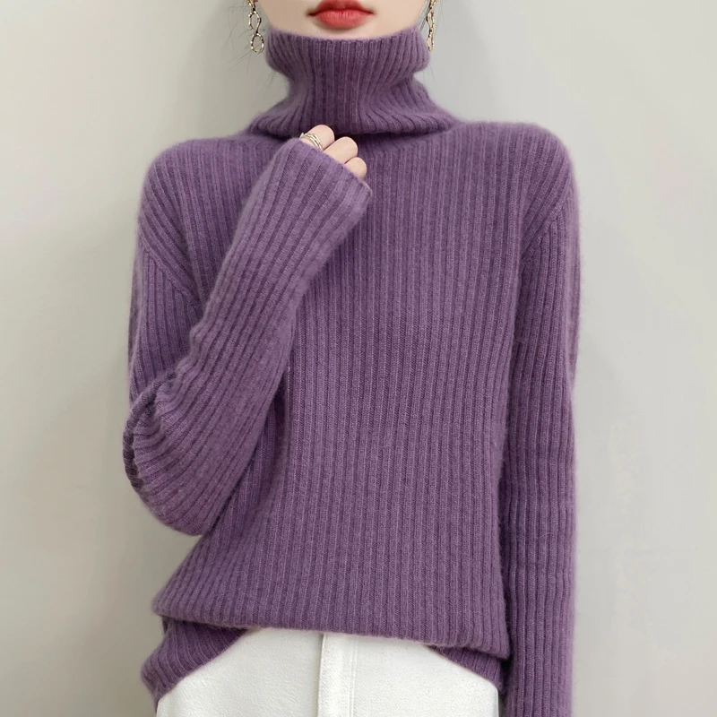 100%纯羊毛衫女加厚高领抽条毛衣25秋冬宽松慵懒新年针织打底衫
