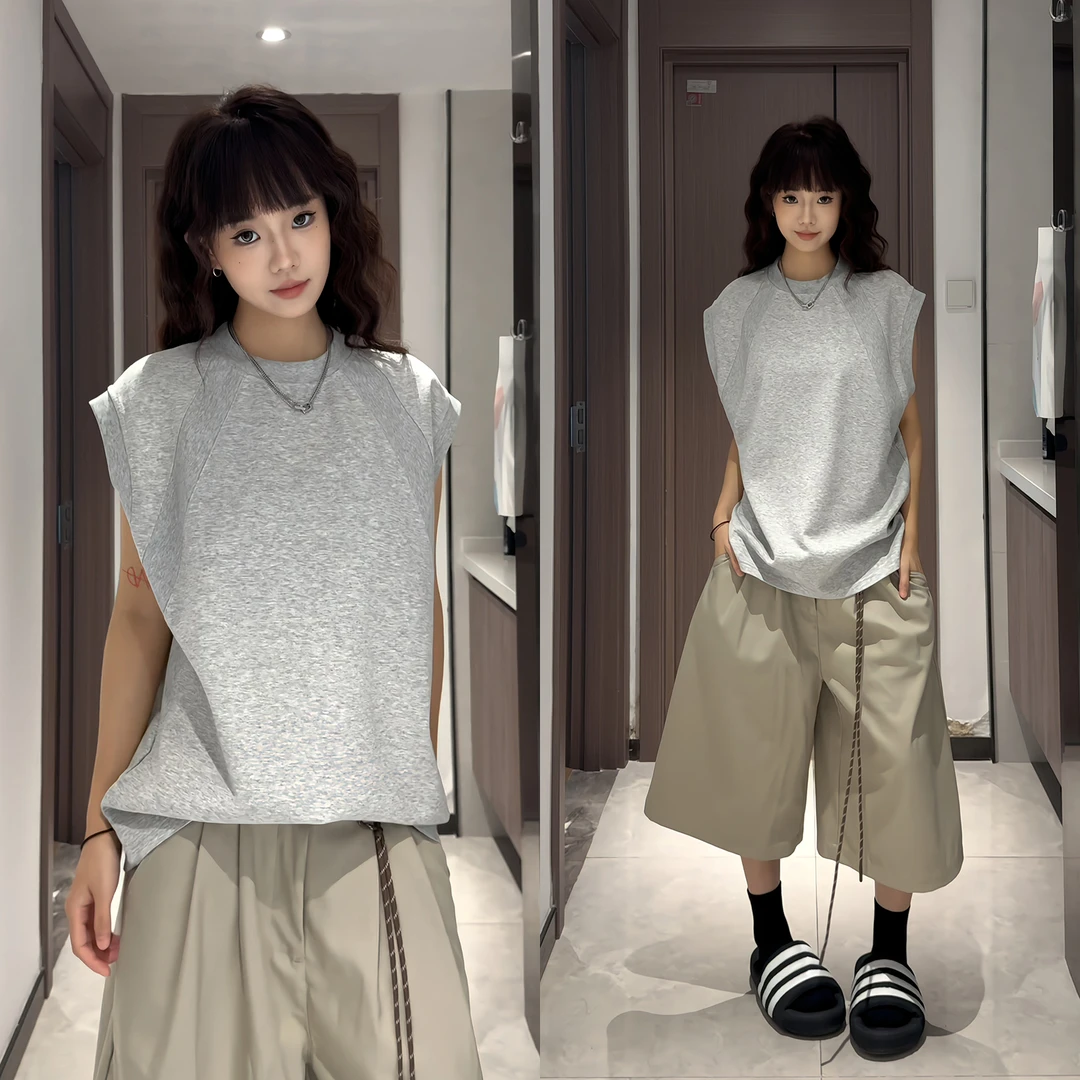 曼巴棉拼接坎肩背心男款夏季高级感复古美式薄款大码运动无袖t恤