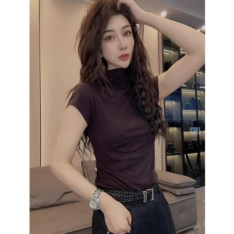 咖色半高领短袖T恤女装2025新款秋季欧货修身显瘦正肩小飞袖上衣
