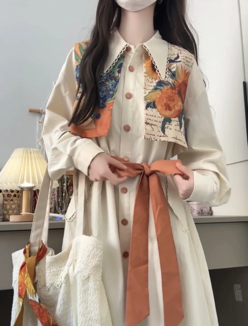 新中式国风印花拼接衬衫连衣裙女春2025新款独特漂亮法式收腰长裙