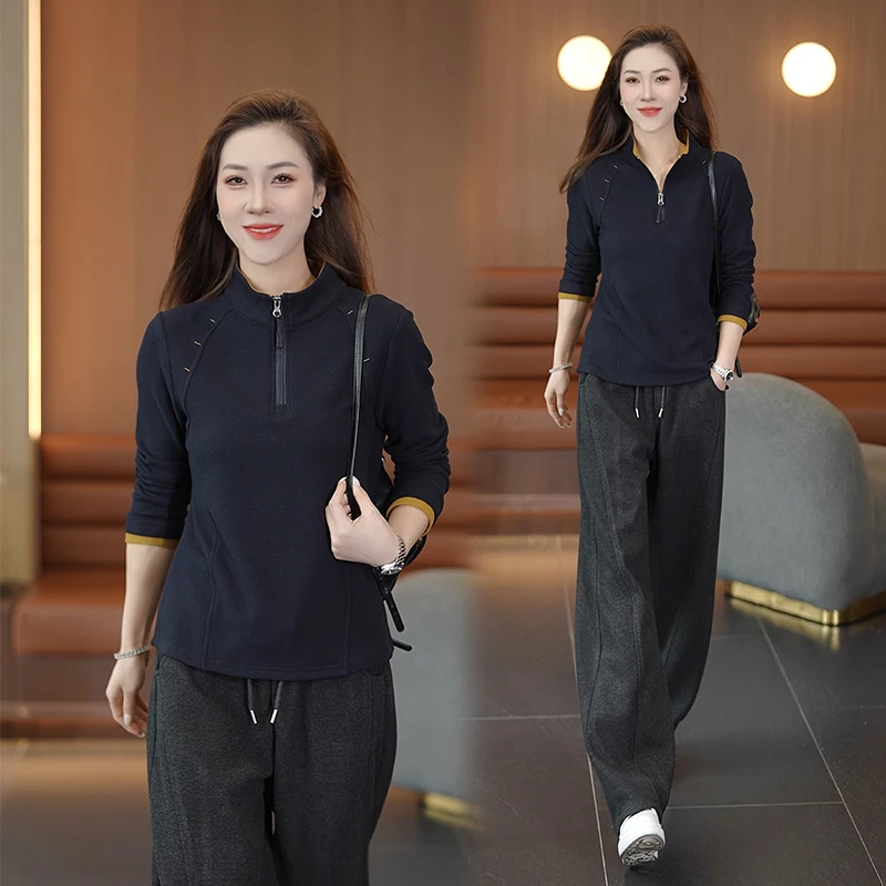 休闲风立领长袖打底衫女2025秋冬季新款半拉链加厚修身百搭T恤女