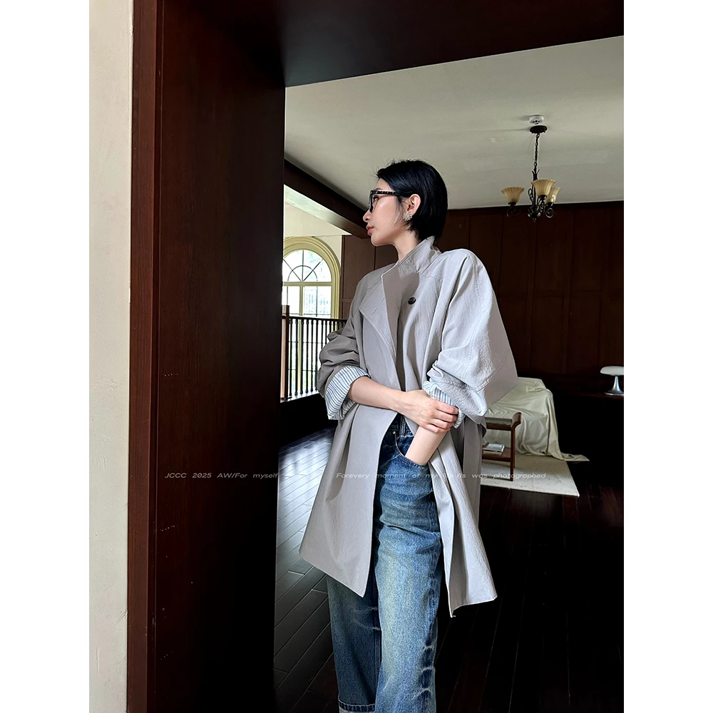 JCCC影子【雾港】浅灰色竖条里衬廓形立领中长款风衣JE5BSW11