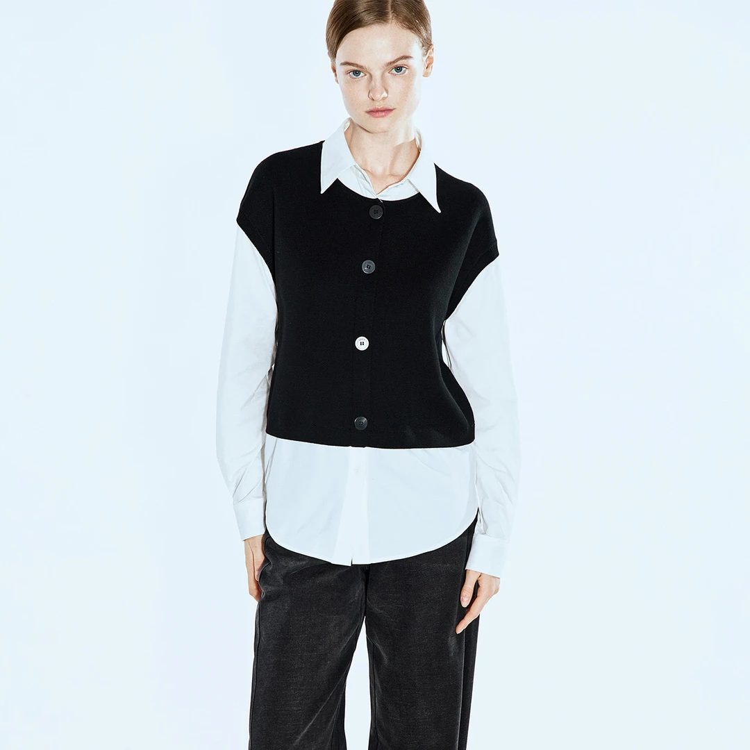 COVERINS2025春季假两件羊毛针织拼接上衣CC35106310