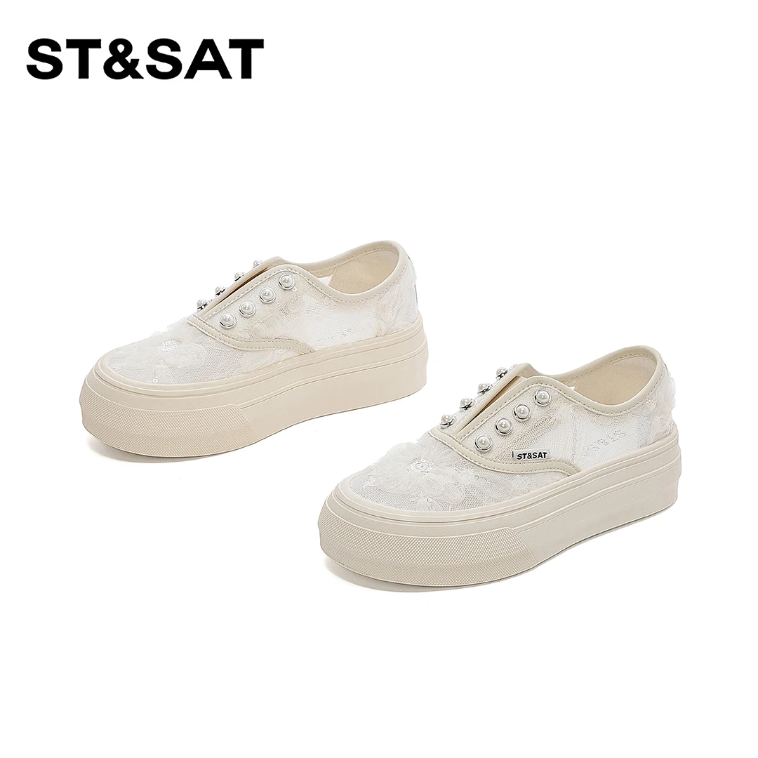 St&Sat/星期六2025新款小香风板鞋夏季系带时尚网面透气休闲鞋