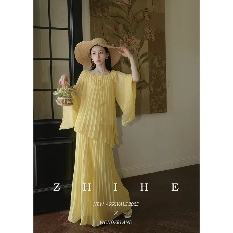 无艳一禾【纯氧派对】静奢原创设计感压褶雪纺上衣+压褶裤