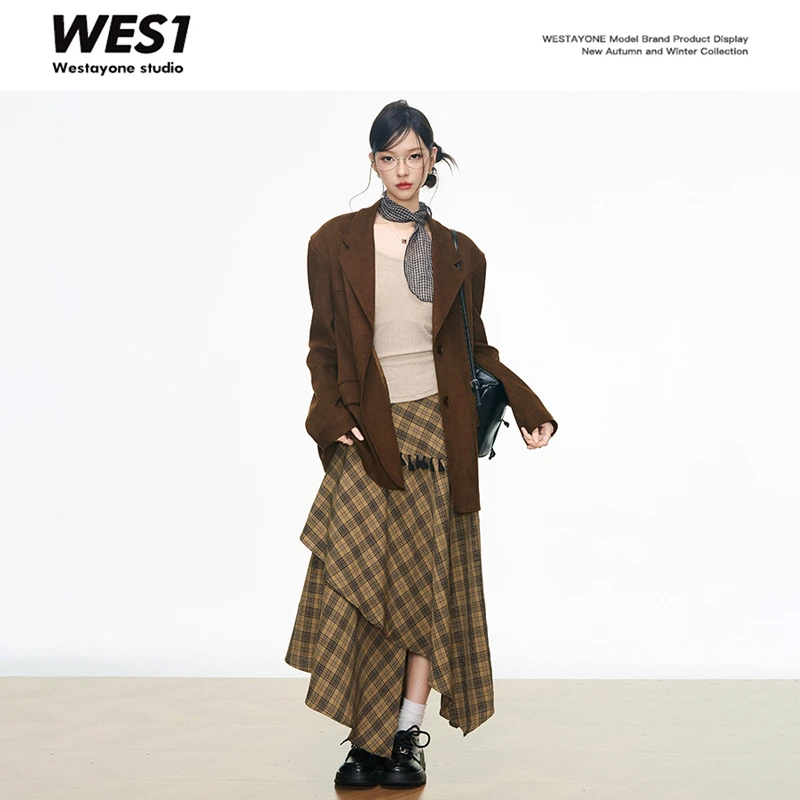 【8.12新品1】 WESTAYONE麂皮绒西装外套小个子2025新款+流苏格纹裙