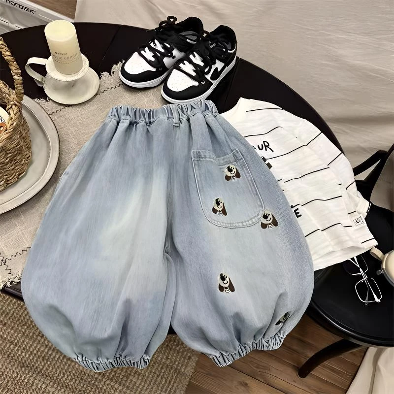 男童2025新款牛仔裤春秋季小童卡通刺绣休闲裤宝宝灯笼裤儿童春装